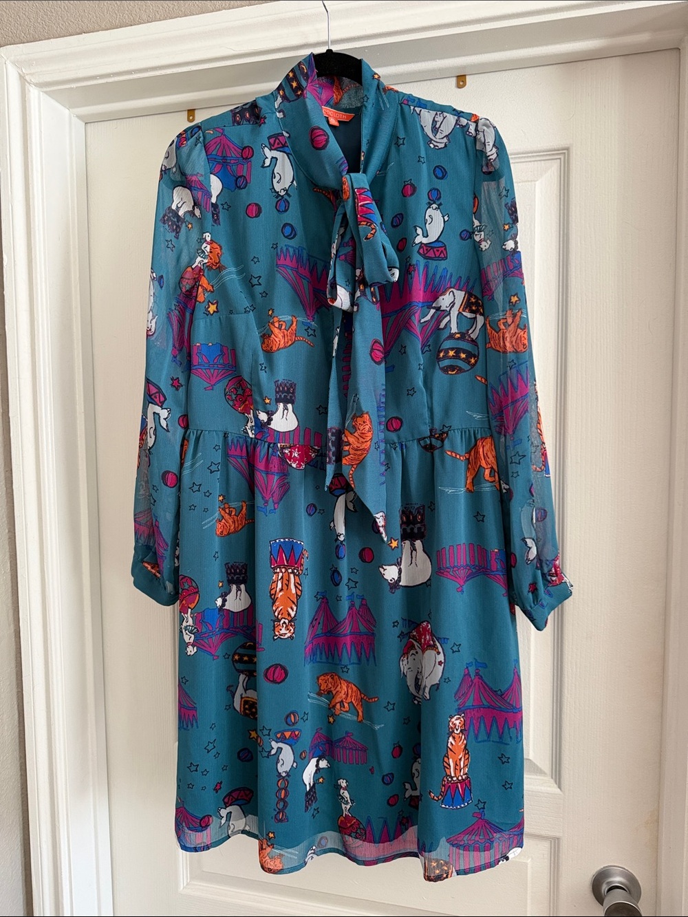 ModCloth Teal Circus-Print Tie-Neck Dress with Orange & Pink Accents